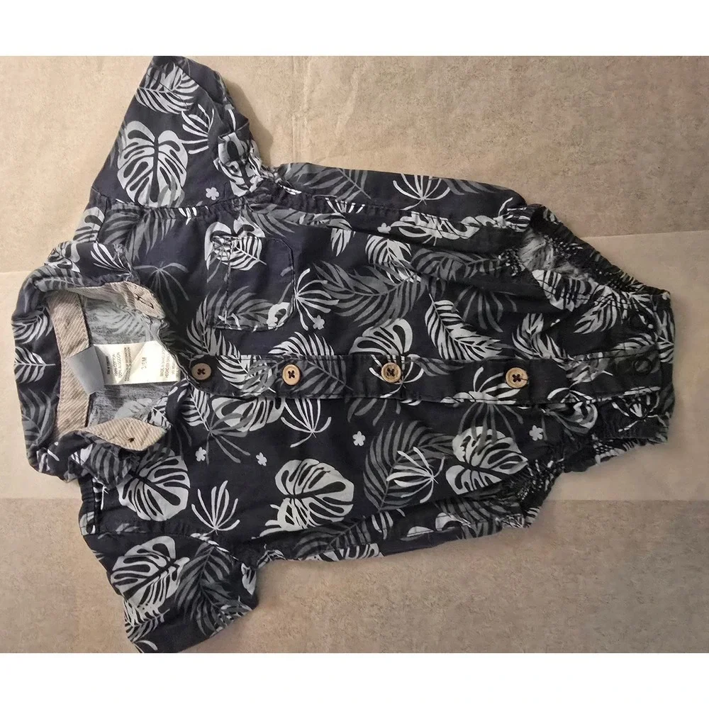Carter's Baby Boy Tropical Leaf Button Down Bodysuit Navy Grey 18M